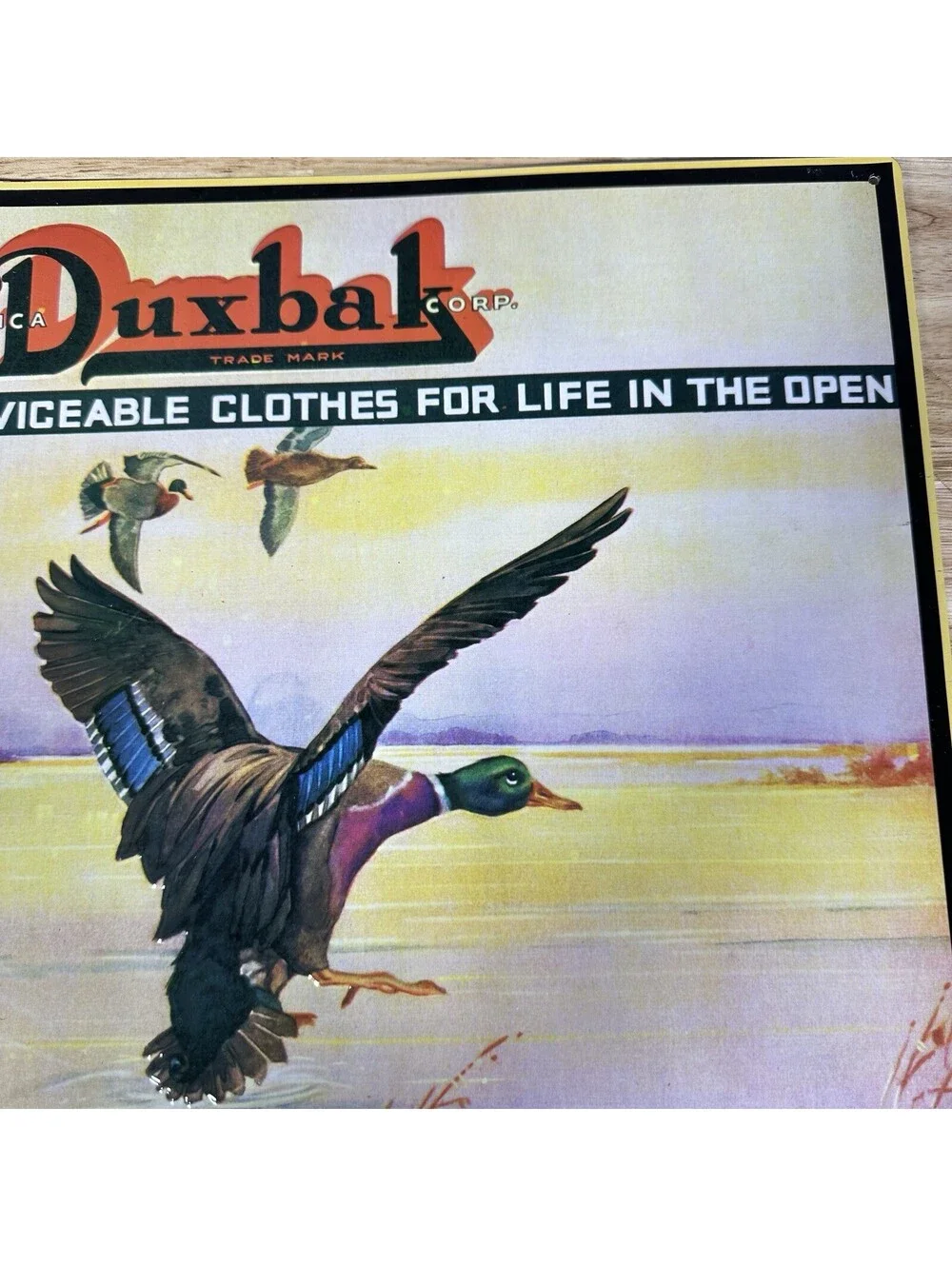 Vintage Duxbak Hunter Clothing Sign Metal Tin 17” x 13.75” Duck Hunting Decor